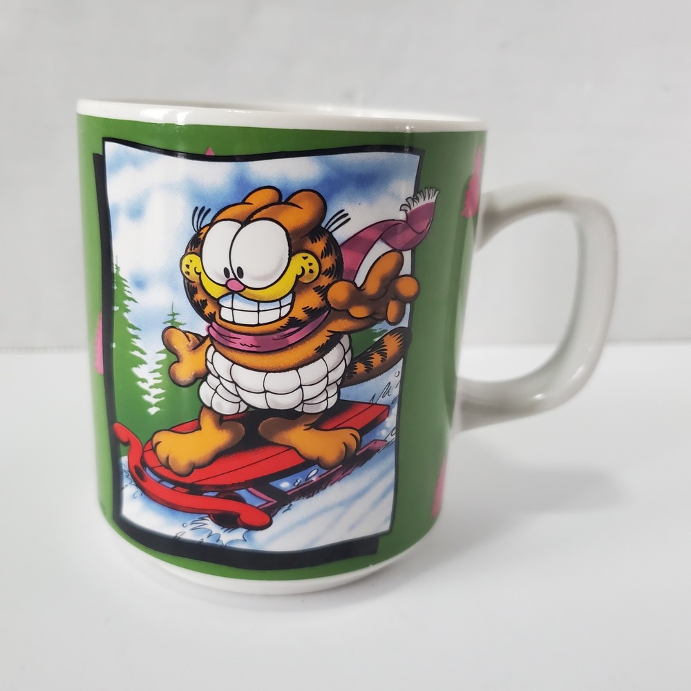 Vintage Garfield Sledding Coffee Mug Enesco Green Pink Christmas Trees 1978